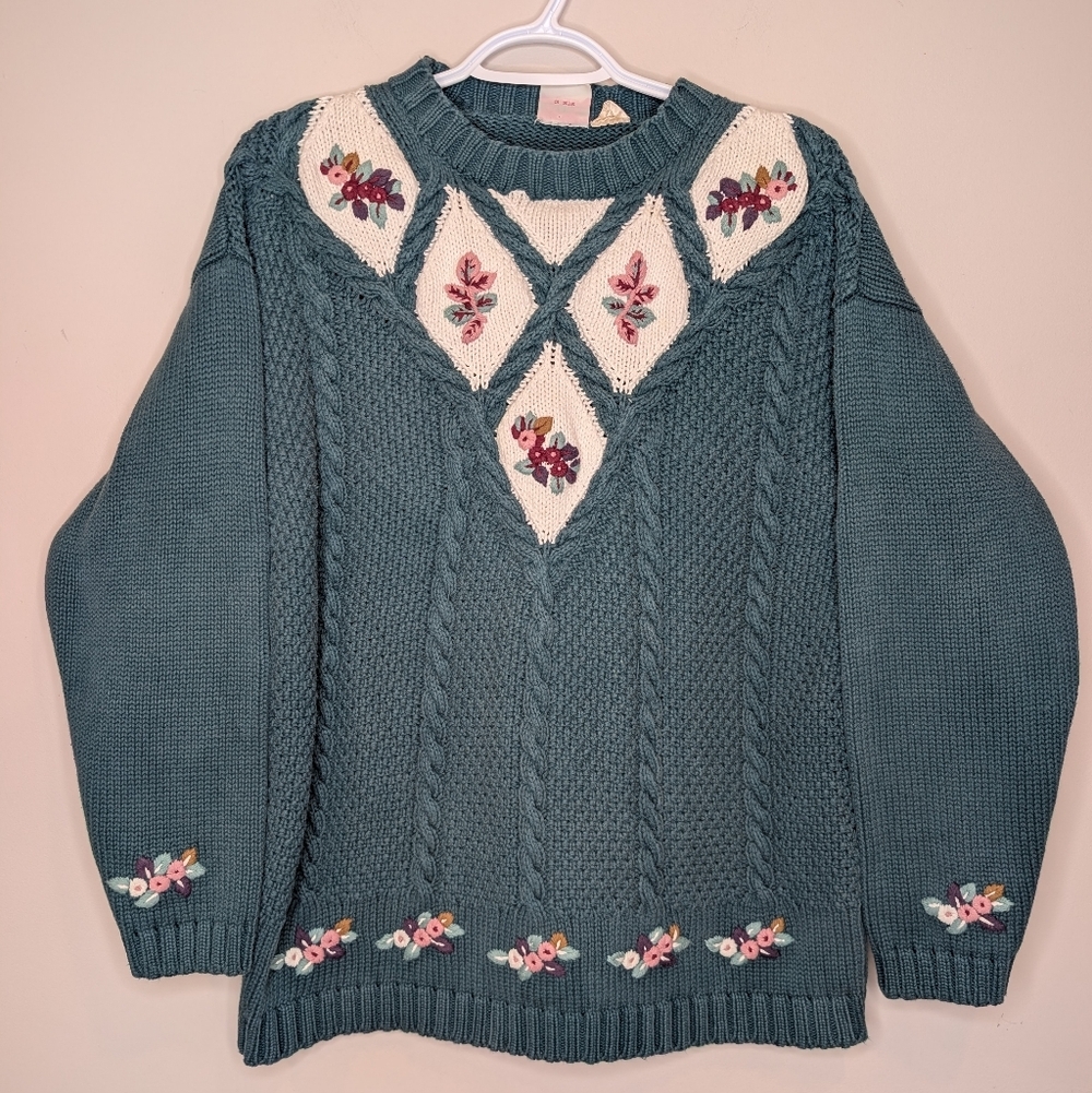 Vintage Lady Footlocker Floral Knit Sweater 100% Cotton Teal Women’s Large - Picture 2 of 9